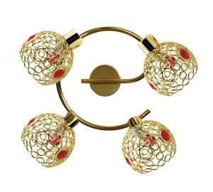 Złota lampa sufitowa z kryształkami 4xG9 40W ARON spirala kryształki czerwone