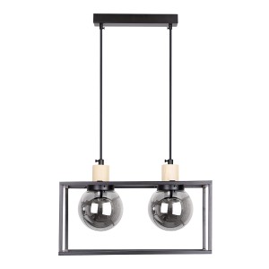 Lampa industrialna wisząca czarna z drewnem klosze szklane kule dymione 2xE27 40W RETRO 2