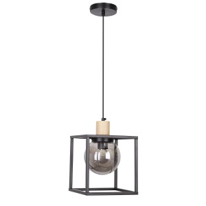 Lampa industrialna wisząca czarna z drewnem klosz szklana kula dymiona 1xE27 40W RETRO 2