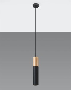 Lampa wisząca pojedyncza tuba sufitowa czarna z drewnem 1xGU10 PABLO