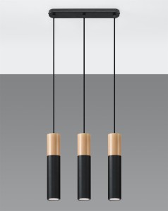 Czarna lampa wisząca potrójna tuby sufitowe z drewnem 3xGU10 PABLO 3L