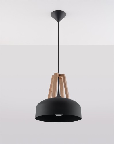 LAMPAMI - lampa sufitowa czarna z drewnem, żyrandol czarny z drewnem, fajne lampy do kuchni