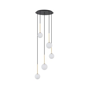 Lampa wisząca czarna ze złotym 120 cm klosze białe kule 5xG9 KARO