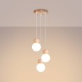 LAMPAMI - lampa nad stół,  lampa szklane kule, lampa drewno klosze białe kule, lampa wisząca z drewnem