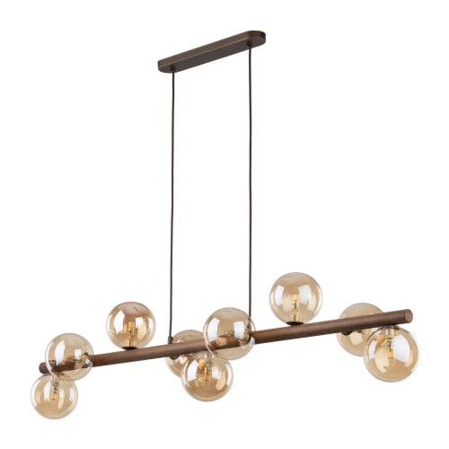 LAMPAMI - lampa nad stół, żyrandol do salonu kule, oświetlenie nad stołem w salonie, żyrandol do salonu nad stół, żyrandol kule przezroczyste, lampa wisząca bursztynowa ESTERA WOOD ORZECH BURSZTYN