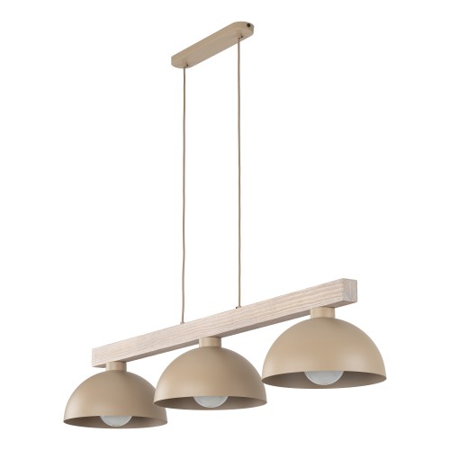 LAMPAMI - beżowa lampa z drewnem, żyrandol nad stół,  żyrandol z drewnem, żyrandol w stylu skandynawskim, lampa potrójna nad stół, lampa do jadalni nad stół loft OSLO SABIA