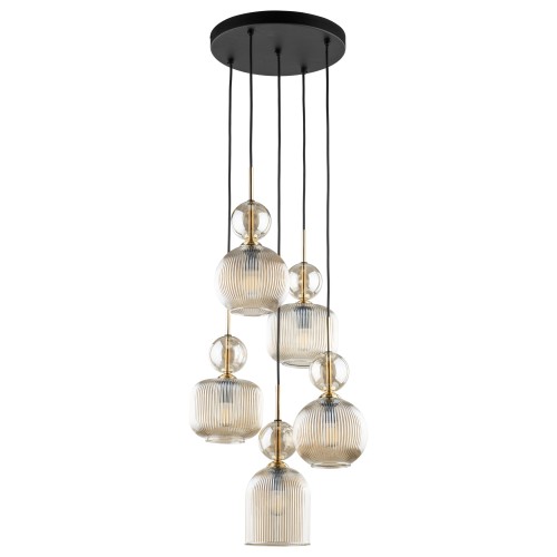 LAMPAMI- lampa wisząca bursztynowa szkło ryflowane, nowoczesny żyrandol do salonu czarny, lampa nad stół, lampa w sypialni, długa lampa wisząca nad schody  SOPHIA COGNAC