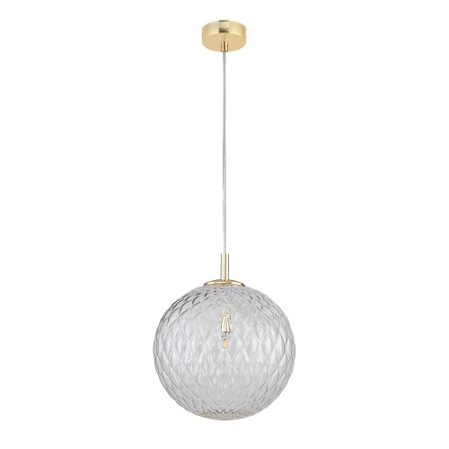 LAMPAMI - lampa złota kula wisząca szkło ryflowane, lampa wisząca kula szklana, elegancka lampa na wysoki sufit, lampa wisząca pojedyncza CADIX GOLD